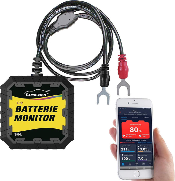 Lescars Batteriewächter 12V: Kfz-Batterietester und -Wächter für 12 Volt, mit Bluetooth & App, IP65