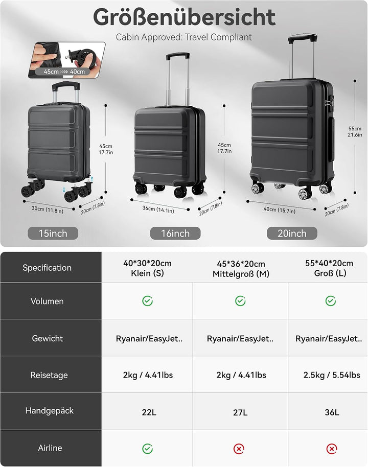 KONO Koffer Trolley Reisekoffer XL (74cm) Grau, XL (74cm) Grau