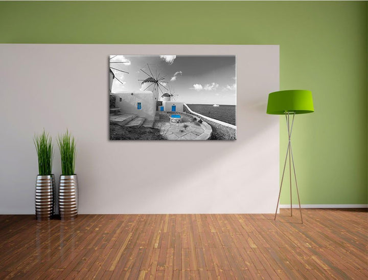 süsse Windmühlen im Mittelmeer schwarz/weiss Format: 100x70 auf Leinwand, XXL riesige Bilder fertig