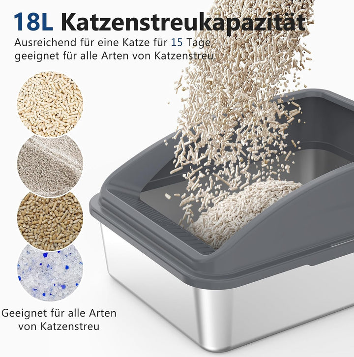 FURTIME Katzenklo Edelstahl, Katzentoilette Edelstahl 18L mit Schaufel, Katzenklo Metall mit Hochwan