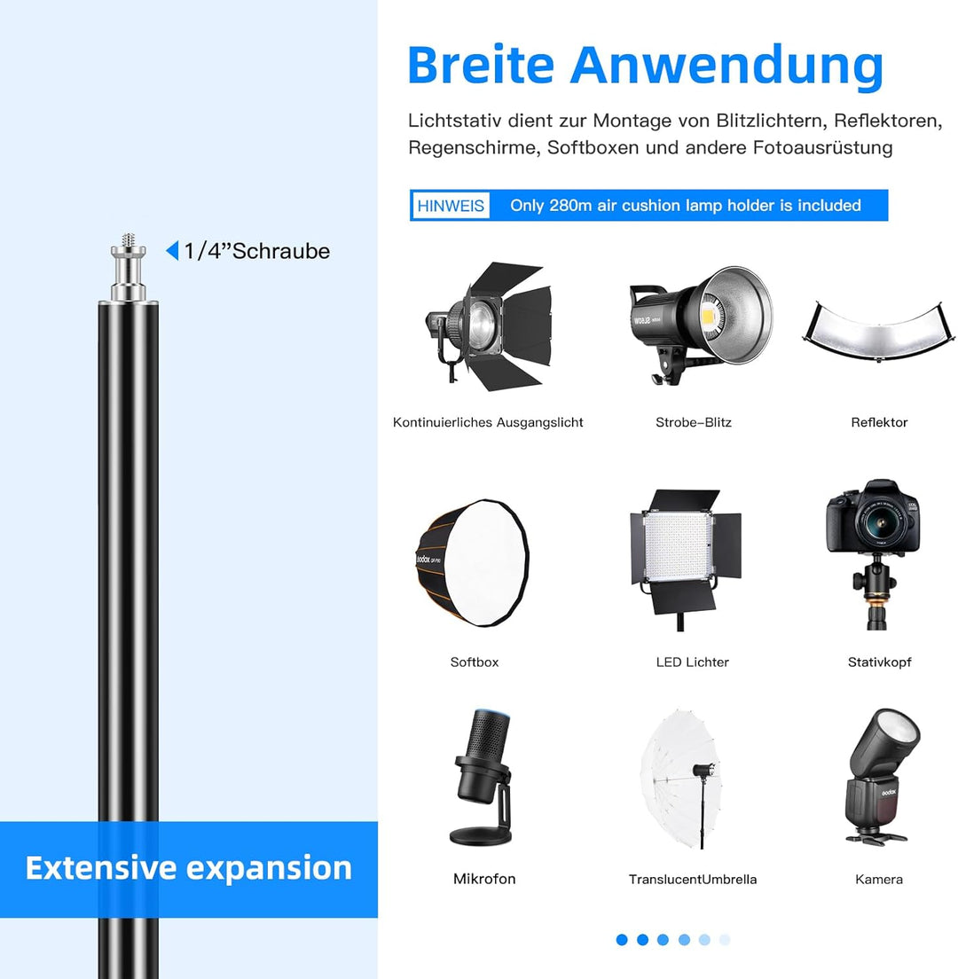 Heavy Duty Light Stand 2,8m,Aluminiumfeder Gepolstertes Stativ Beleuchtungsständer Max Loading: 10KG