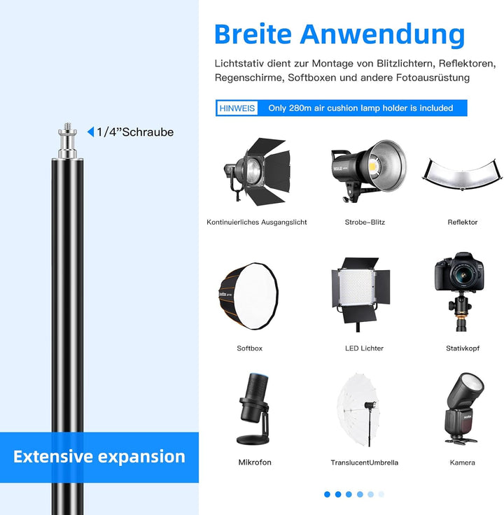 Heavy Duty Light Stand 2,8m,Aluminiumfeder Gepolstertes Stativ Beleuchtungsständer Max Loading: 10KG