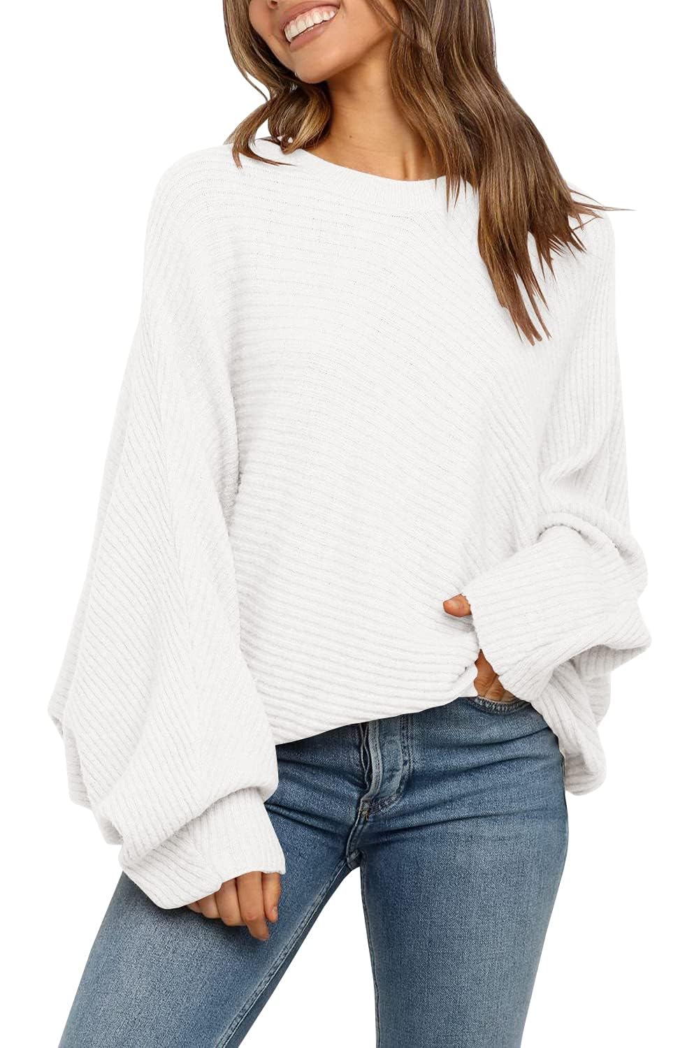 Fessceruna Damen Pullover Oversize Fledermausärmel Strickpullover Winter Rundhals Pulli Geripptes Sw