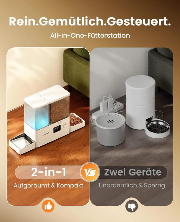 oneisall Futterautomat Katze und Trinkbrunnen 2-in-1, 8,5L/1-36 Portionen, 5L Futterspender mit 3,5L
