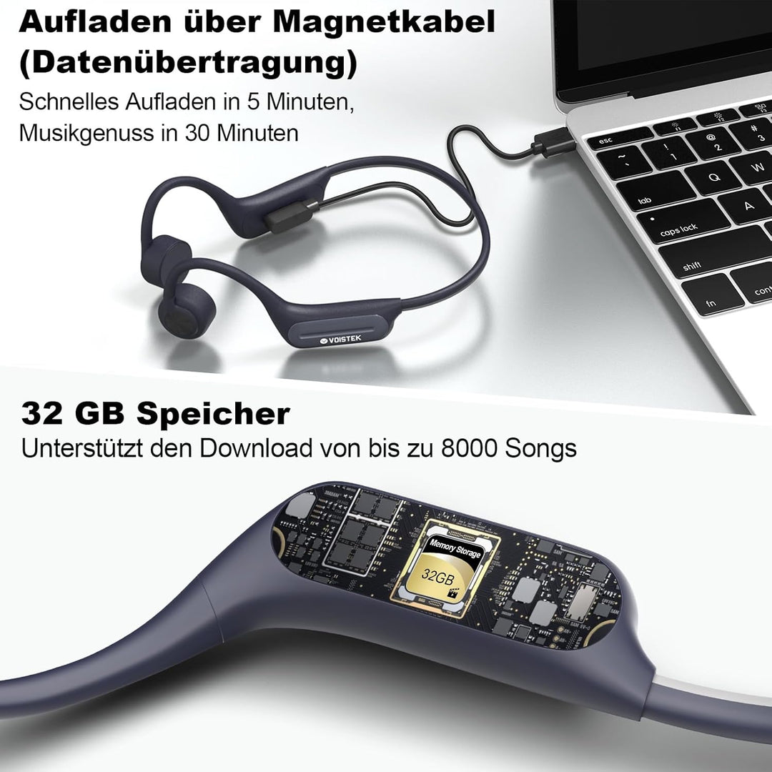 Voistek Knochenschall Kopfhörer,Bluetooth Open Ear Sportkopfhörer Kabellos mit IPX8 Wasserdichtigkei