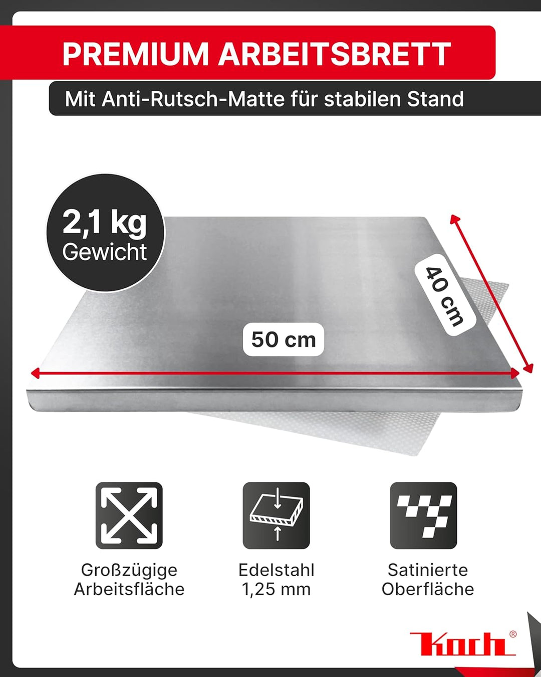 Koch Arbeitsplatte Edelstahl I 50 x 40 cm I Arbeitsfläche, Schneidebrett & Knetbrett mit Anschlagkan