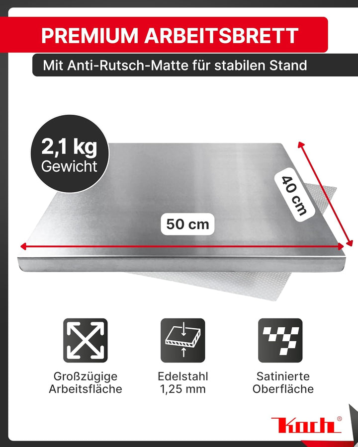Koch Arbeitsplatte Edelstahl I 50 x 40 cm I Arbeitsfläche, Schneidebrett & Knetbrett mit Anschlagkan