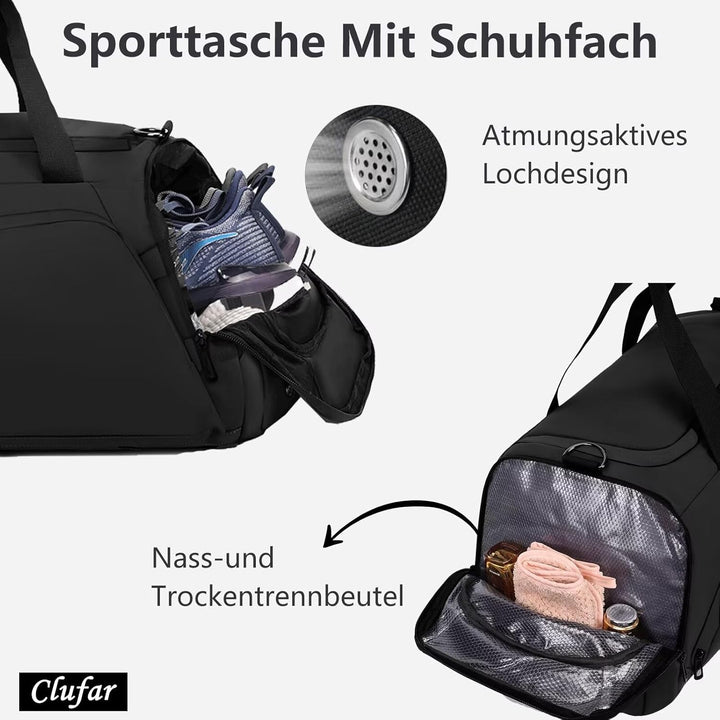 40L Sporttasche Herren Wasserdicht Schwarz Reisetasche Rucksack mit Schuhfach Nassfach Damen Duffel