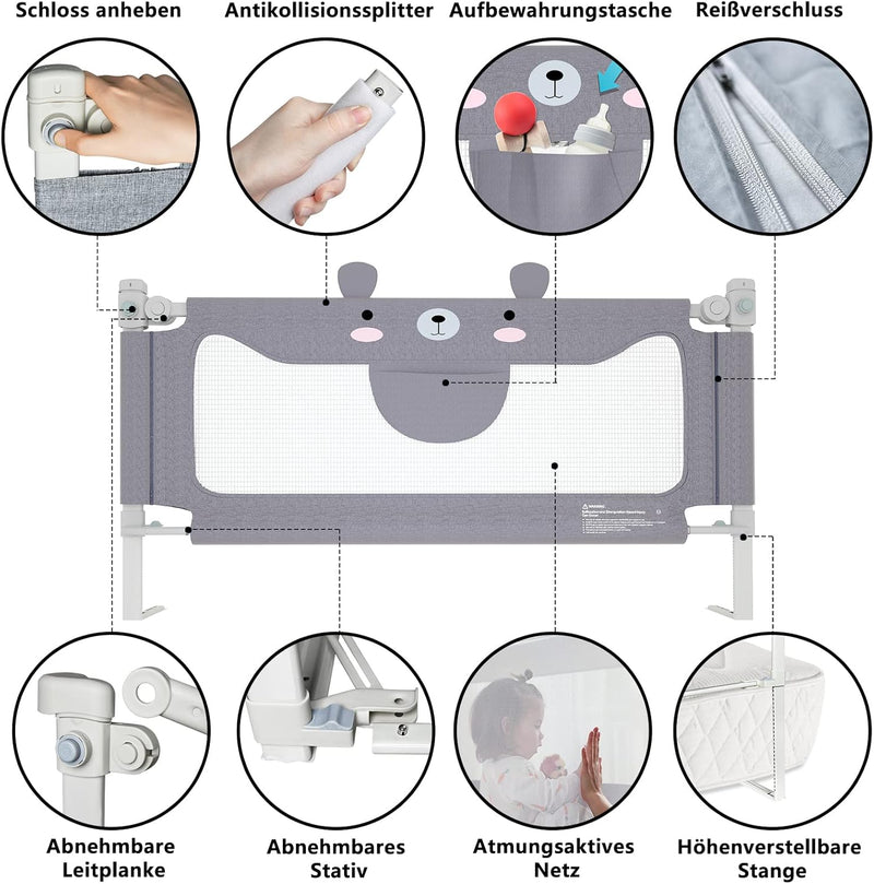 UISEBRT Kinder Bettgitter Bettschutzgitter 150cm - Bett rausfallschutz Kinder, Höhenverstellbar Kind