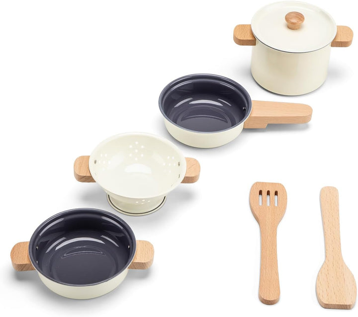Woet® Cremeweisses Metall Topf und Pfannenset für Kinder - 7 Teile mit Holzgriffen - Rollenspiel für