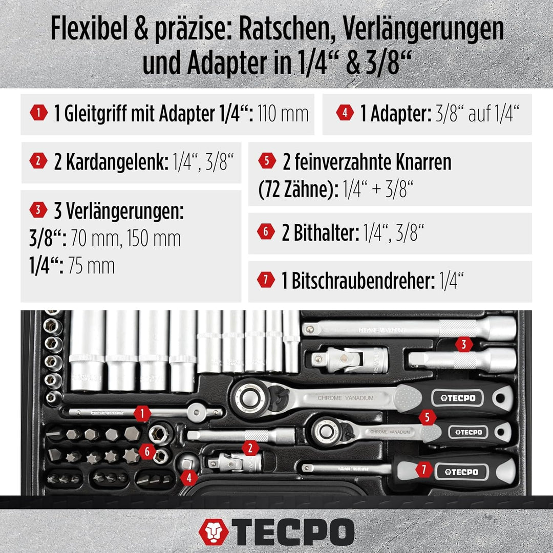 TECPO 300383 Zoll Werkzeug Satz Harley Steckschlüssel Nüsse Grössen Nuss Set Ratschenkasten