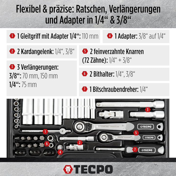 TECPO 300383 Zoll Werkzeug Satz Harley Steckschlüssel Nüsse Grössen Nuss Set Ratschenkasten