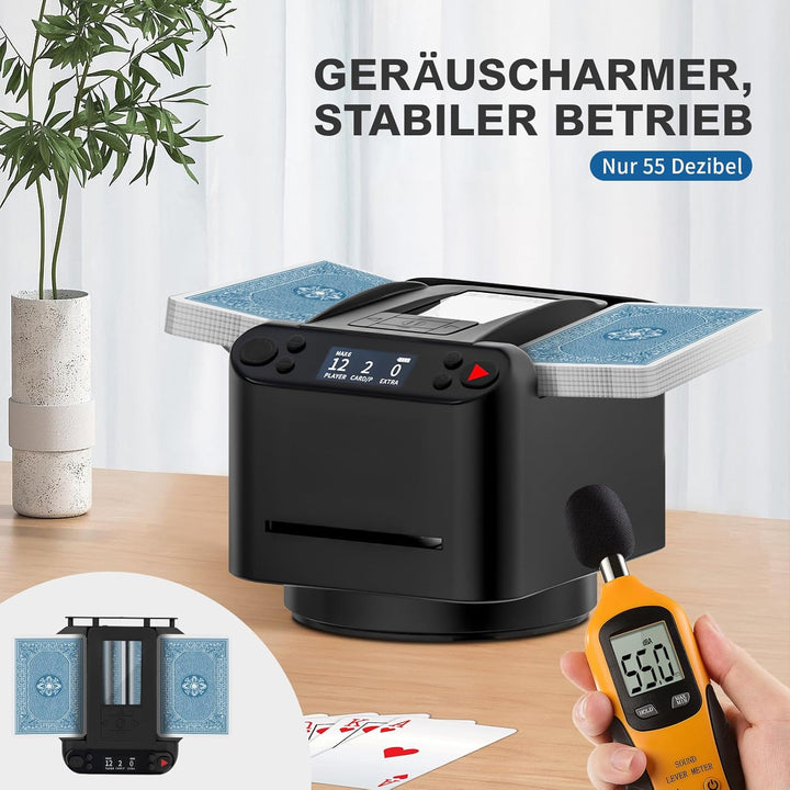 Automatischer Kartenmischer und Austeiler 2-in-1, 2 Kartensätze, unterstützt 2-12 Spieler, 4 Fernbed