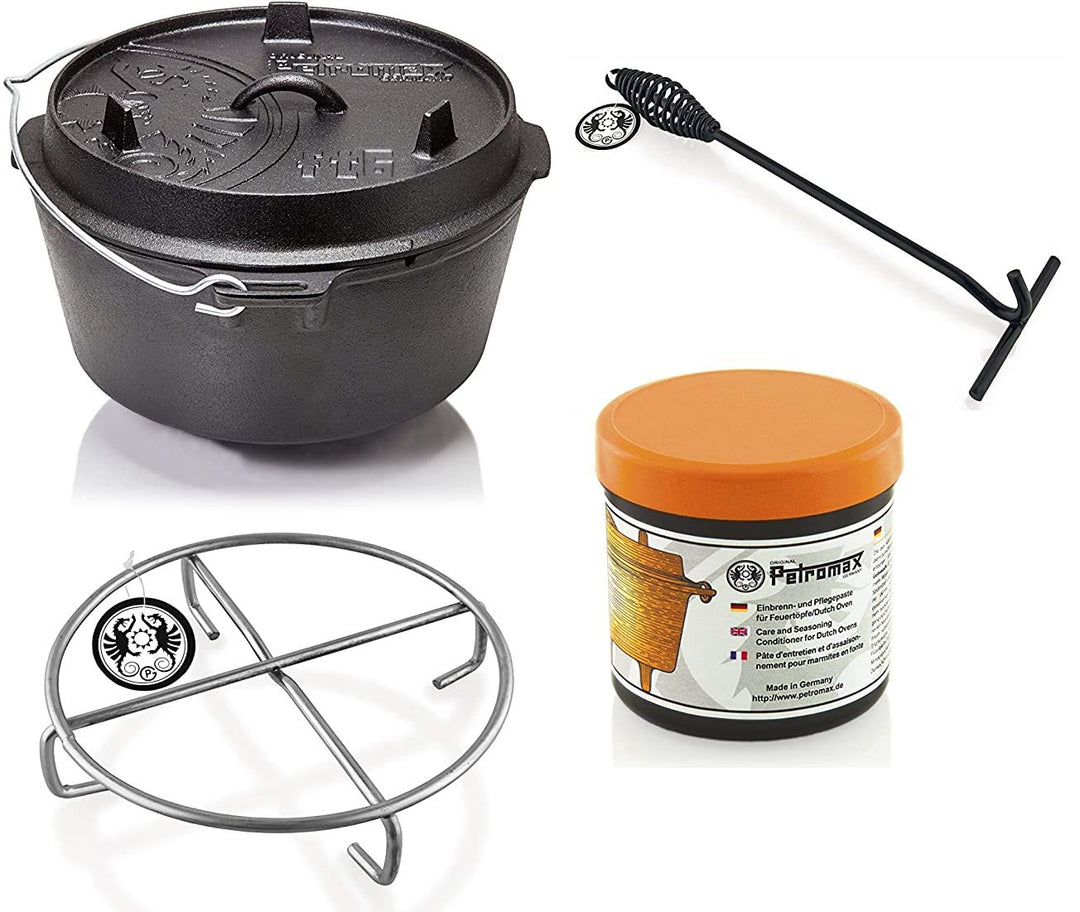Petromax Feuertopf Starterset ft6-t (Dutch Oven Planer Boden) inkl. Deckelheber + Pflegepaste + Unte