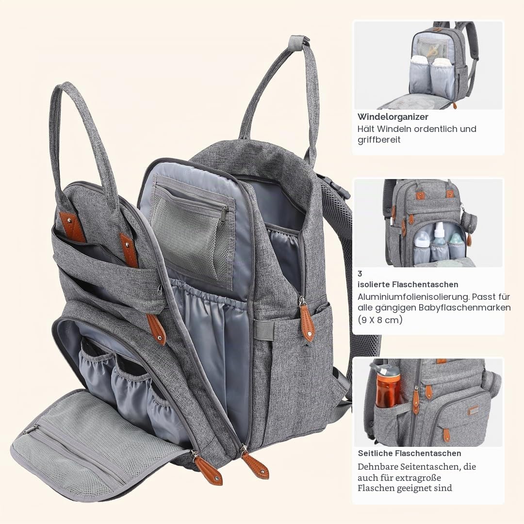 BabbleRoo Baby Wickeltasche/Rucksack, Wickelrucksack lässige Wickeltaschen Grau, Grau