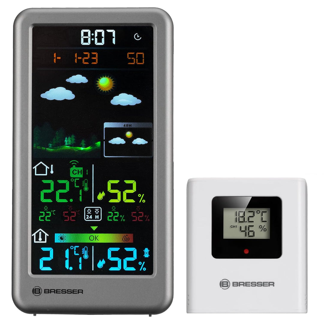 Bresser Funkwetterstation Neomeo V Silber, Farbdisplay, 24/48 Std. Wetterprognose, Temperatur-/Luftf