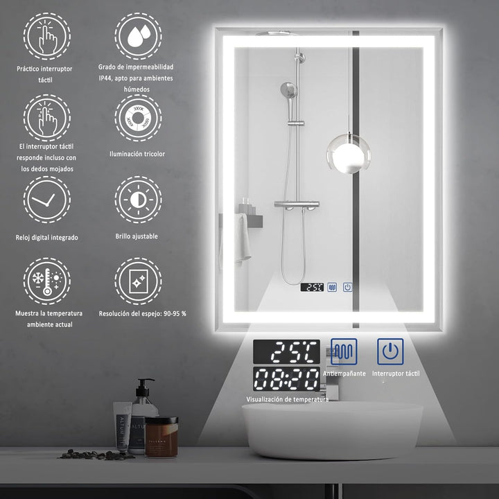 YU YUSING Badspiegel mit Beleuchtung 60x80cm Badezimmerspiegel mit Beschlagfrei 3 Lichtfarbe Dimmbar