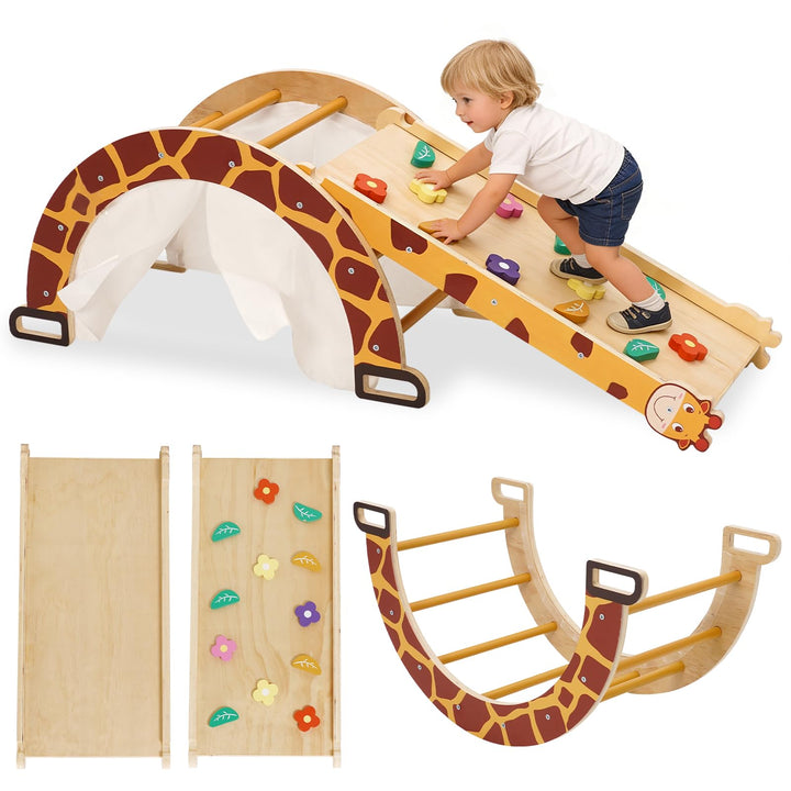 Klettergerüst Indoor mit Bogen, Rutsche, Schaukelstuhl, 4-in-1 Montessori Kletterbogen für Kleinkind