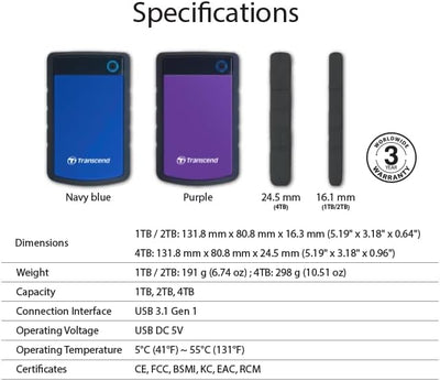 Transcend TS4TSJ25H3P 4TB portable, externe Festplatte (HDD) in purple (lila) mit Backup-Funktion (D