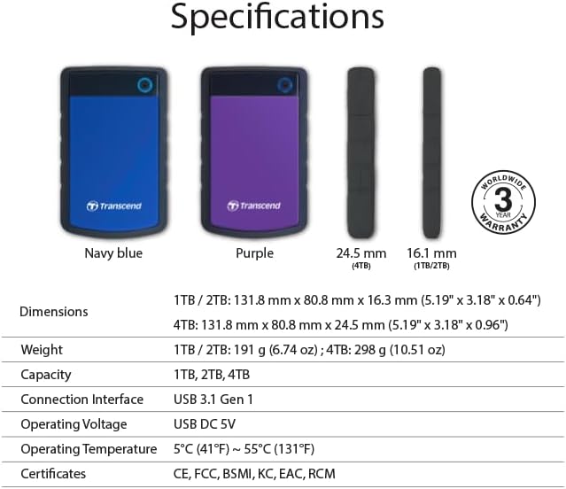 Transcend TS4TSJ25H3P 4TB portable, externe Festplatte (HDD) in purple (lila) mit Backup-Funktion (D