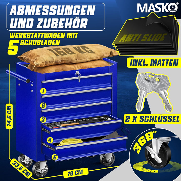 Masko® Werkstattwagen - 5 Schubladen, Abschliessbar | Massives Metall | Mobiler Werkzeug-Wagen ohne