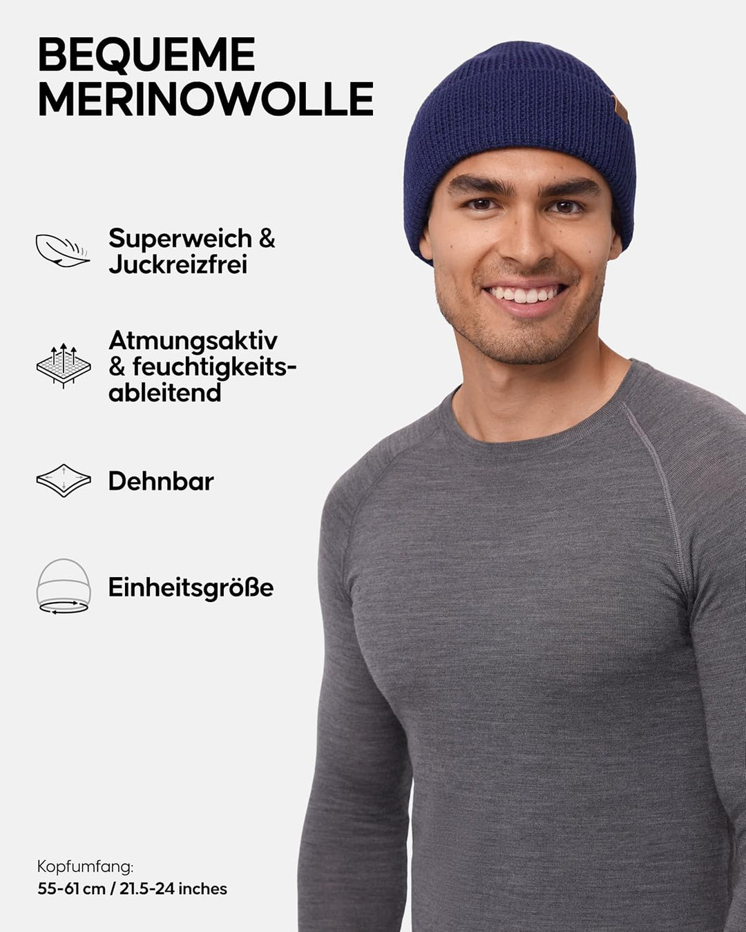 DANISH ENDURANCE Merino Mütze, Klassische Wollmütze, Warme Wintermütze, Thermo Beanie, Weich, Stretc