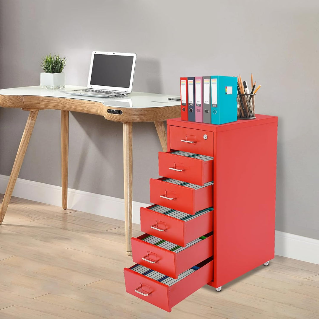 Aktenschrank Abschliessbar, Rollcontainer mit 6 Schubladen, Metall Bürocontainer Schubladenschrank R
