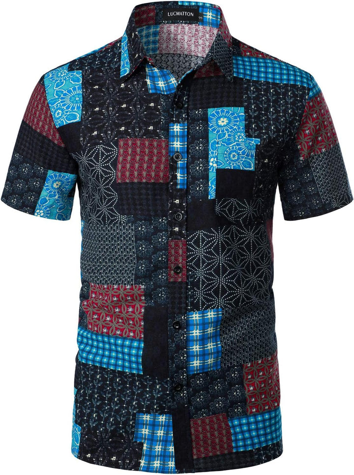 LucMatton Hawaiihemden für Herren, Baumwolle, Leinen, traditionelle Motive, Kurzarm, Knopfleiste XL