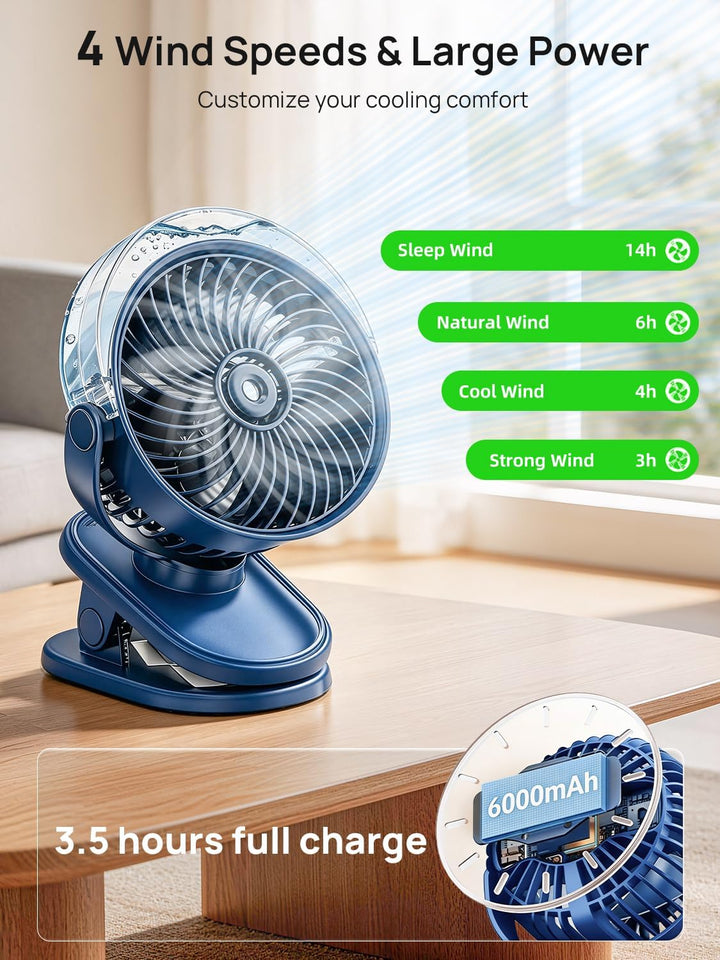 Mini Akku Ventilator Mit Wasserkühlung, 6000mAh Tragbarer Clip Ventilator, USB Tischventilator mit 4