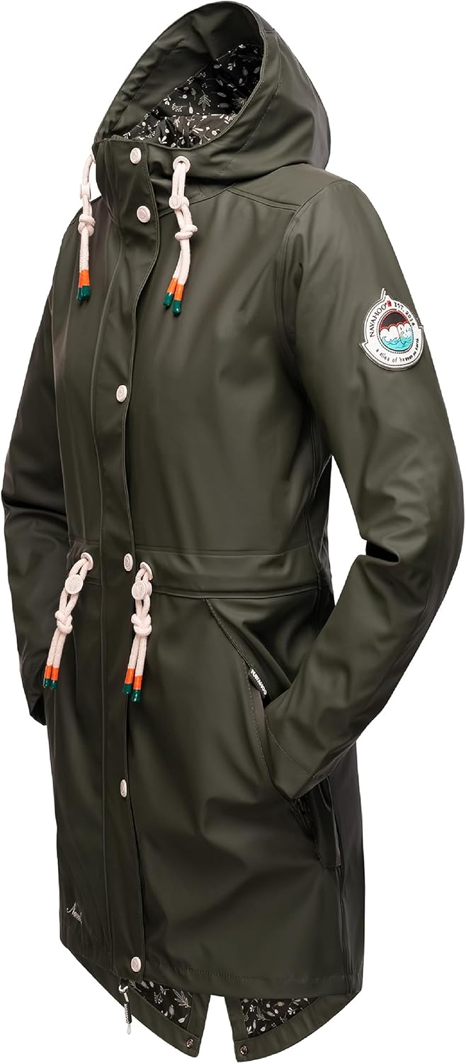 Navahoo Damen Übergangsjacke Regenmantel wasserdicht lang mit Kapuze Tropical Stormoo XS-3XL S Oliv,