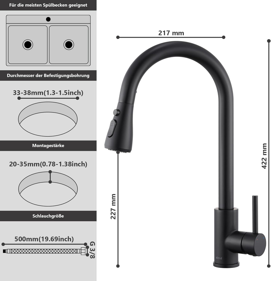 Wasserhahn Küche Schwarz – Hochdruck Ausziehbar Brause Küchenarmatur Schwarz, Einhebel Mischbatterie