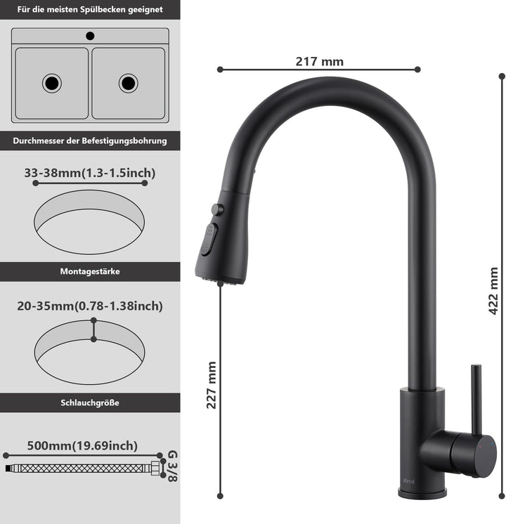 Wasserhahn Küche Schwarz – Hochdruck Ausziehbar Brause Küchenarmatur Schwarz, Einhebel Mischbatterie