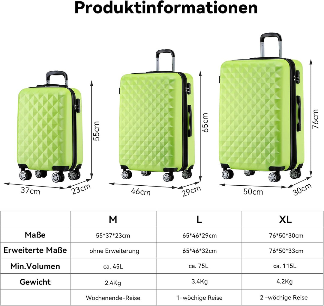 BEIBYE Zwillingsrollen 2066 Hartschale Trolley Koffer Reisekoffer Gepäck M-L-XL-Set (Grün, XL) Grün