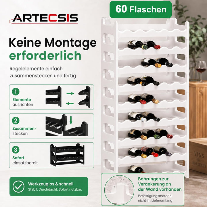 ARTECSIS Weinregal stapelbar Kunststoff für 60 Flaschen, stabiles Flaschenregal in Gastronomie-Quali