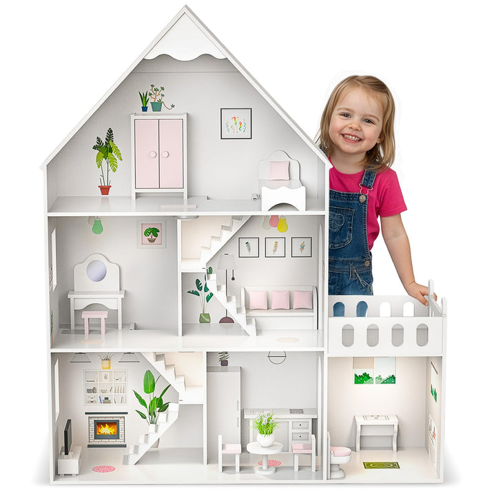 Barbie Puppenhaus Holz gross 118 cm – Kinderplay 3-stöckiges Puppenhaus für Kinder mit Möbeln, LED L