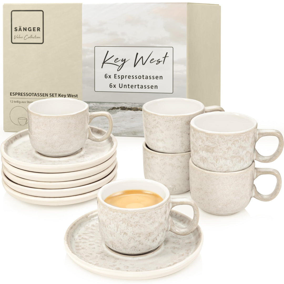SÄNGER Key West | Espressotassen Set Steingut 12 teilig, Mokka Tassen Set 6 Personen, Tassen & Unter