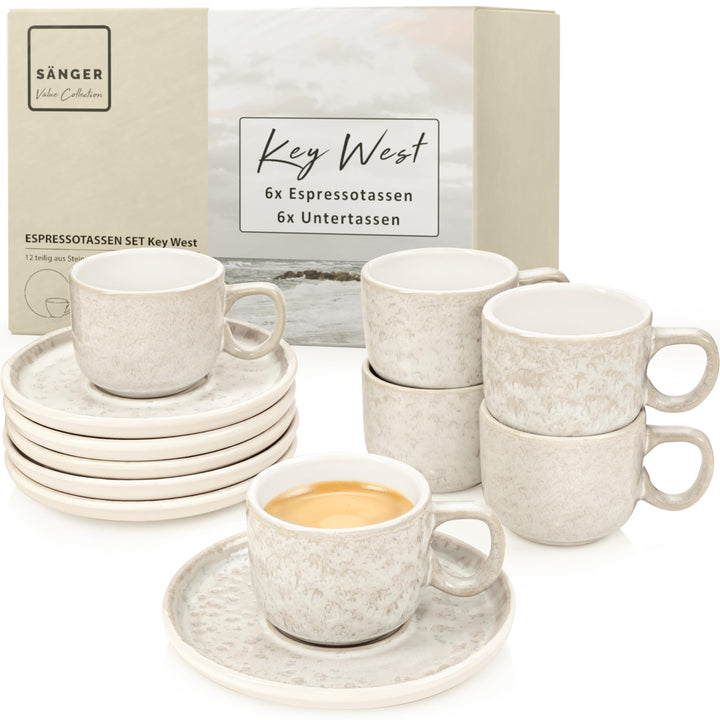 SÄNGER Key West | Espressotassen Set Steingut 12 teilig, Mokka Tassen Set 6 Personen, Tassen & Unter