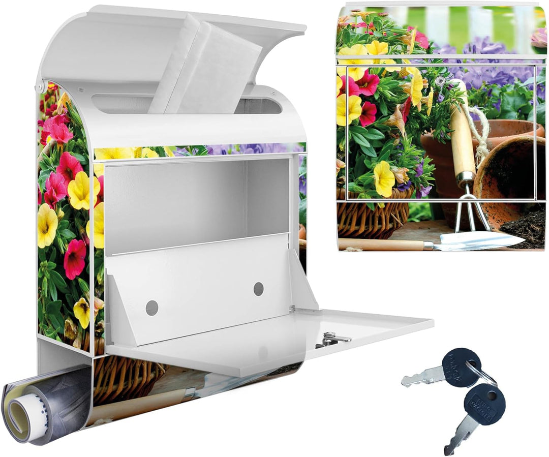 banjado® Design Briefkasten mit Motiv Gartenfreude 39x47x14cm & 2 Schlüssel - Briefkasten Stahl weis