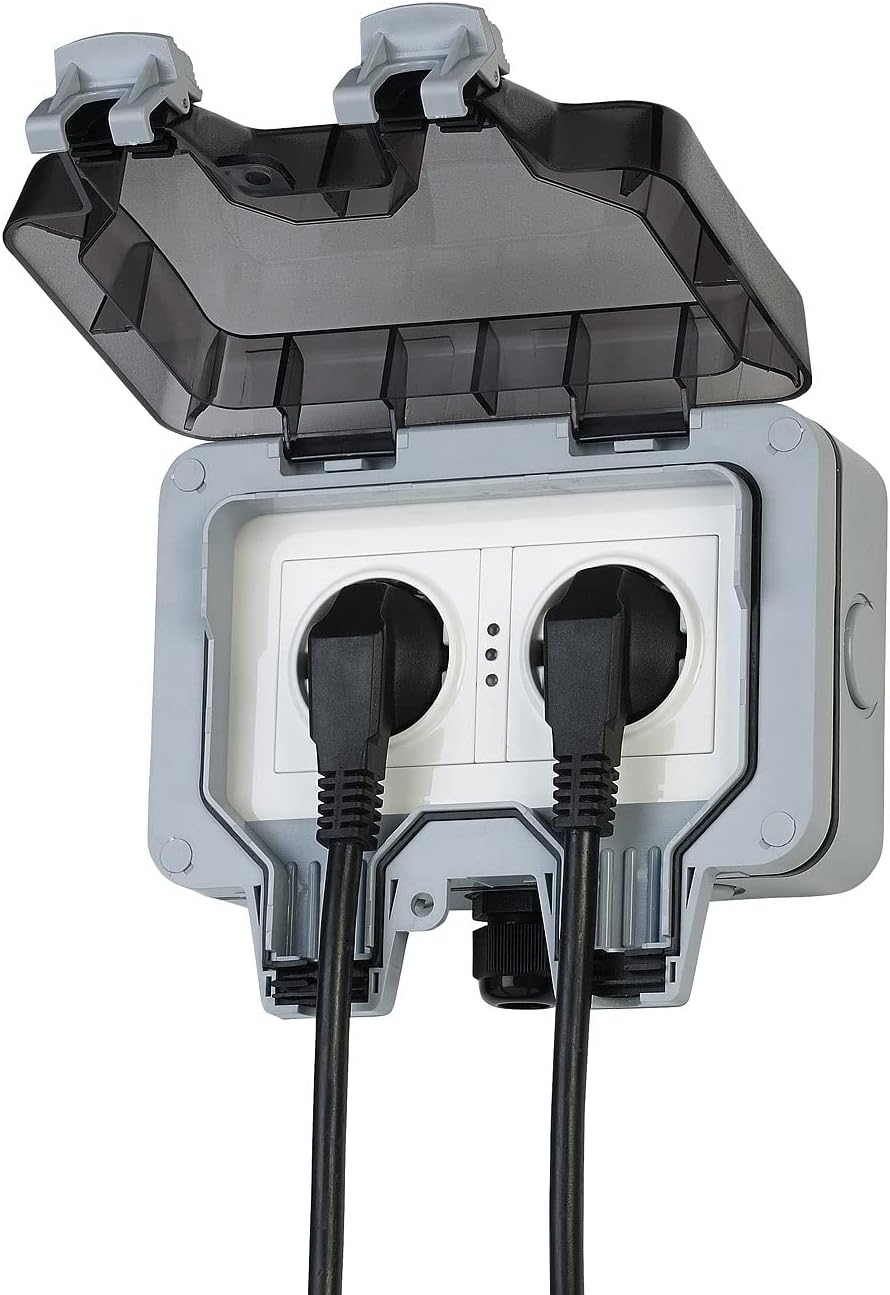 Luminea Home Control WLAN Aussensteckdose: 2er-Set Outdoor-WLAN-Doppelsteckdosen, Sprachbefehl, Stro