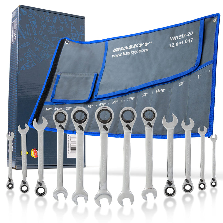 HASKYY 12tlg-Gewinkelt-Zoll-Ratschenschlüssel-Satz-Set I 1/4"-1" I Imperial Harley zöllisch Maul-Gab