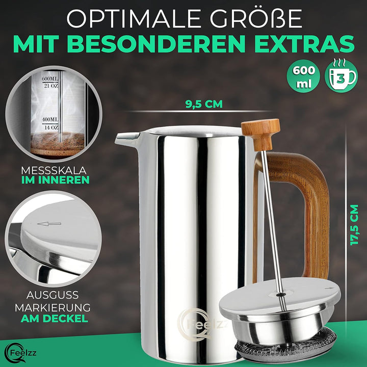 QFeelzz French Press – Edelstahl Kaffeebereiter mit Holzelementen – Thermo Kaffeepresse [Silber-Desi