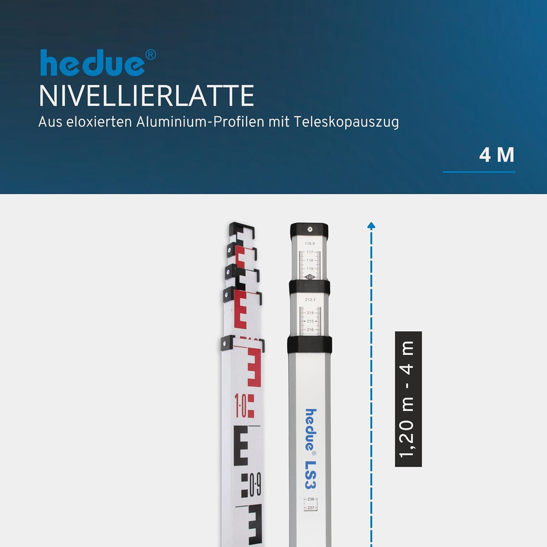 hedue® Nivellierlatte 4 m - Messlatte für Nivellierarbeiten auf Baustellen und zum Messen lichter Ma