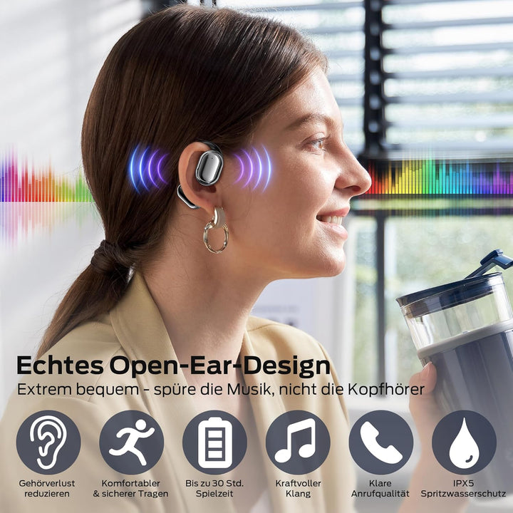 BUGANI Open Ear Kopfhörer, Ohrhaken Kopfhörer Kabellos Bluetooth IPX6 Wasserdicht, 30H Laufzeit, Blu