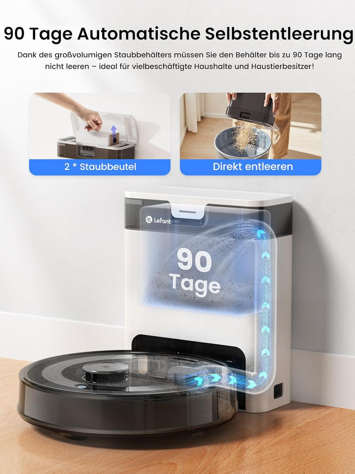 LEFANT M2Pro Staubsaugerroboter, 5500Pa Saugroboter mit Wischfunktion mit Auto Staubabsaugung, Staub