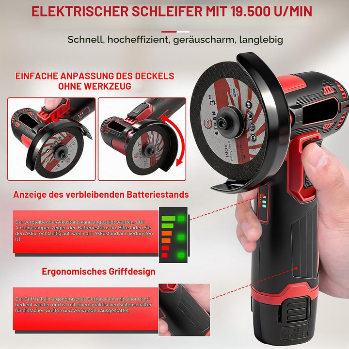 3-Zoll Akku Winkelschleifer Set, 500W 19500 U/Min 76mm Mini-Elektrowinkelschleifer, Wiederaufladbare