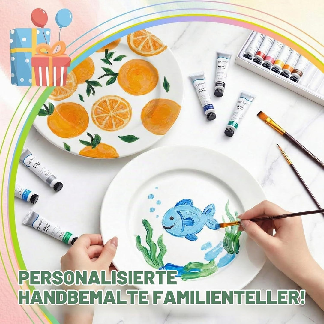 Sinmoe Keramik Bemalen Set Teller zum Bemalen Enthält 4 Porzellanteller 3 Pinsel 12 Acrylfarben 1 Ge