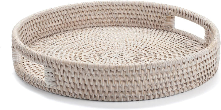 Serviertablett aus Rattan, rundes Tablett 30 cm – Handgeflochtener Korb im Landhausstil, Gebleicht W