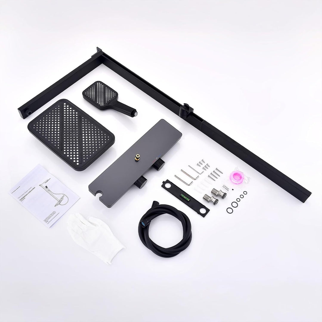 HOMELODY Duschsystem mit Thermostat und Glasablage Schwarz - Duscharmatur Komplettset mit 30x20 cm R