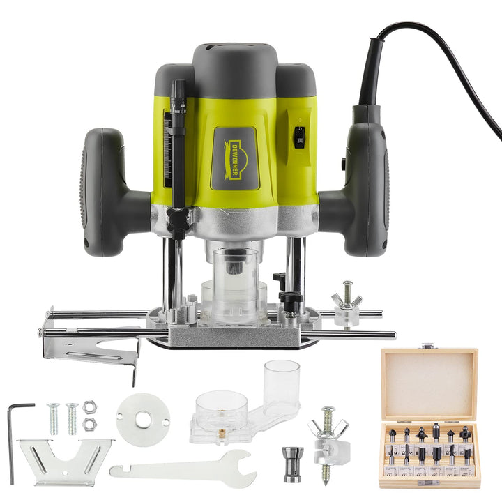 DEWINNER Elektronik Oberfräse Fräser 1200W,Ø 6 und 8 mm,Parallelanschlag,Drehzahlregelung, Absaugada