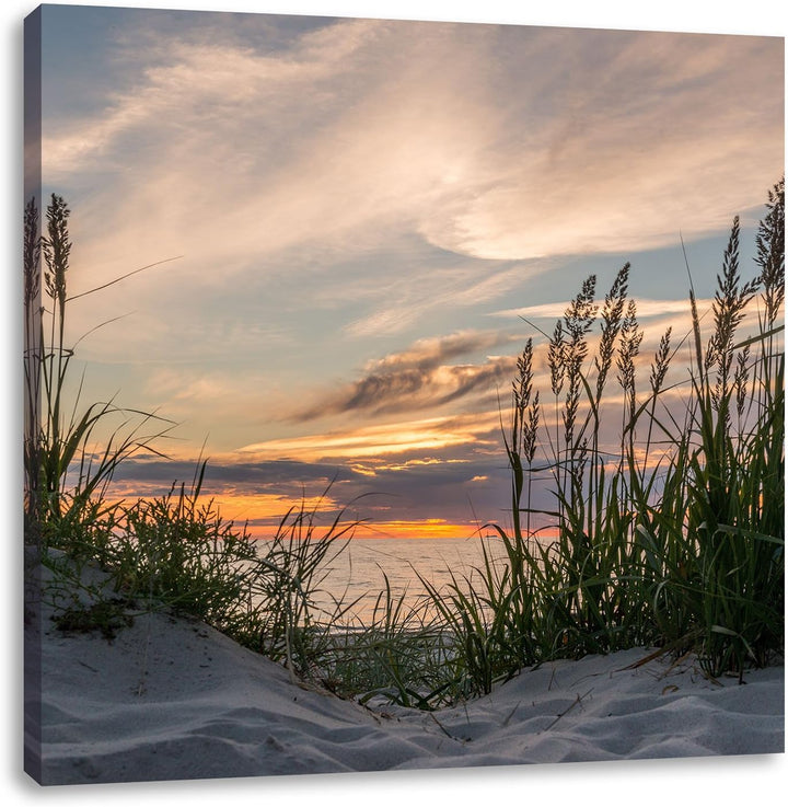 Pixxprint Gras am Strand bei Sonnenuntergang, Format: 70x70 auf Leinwand, 70x70